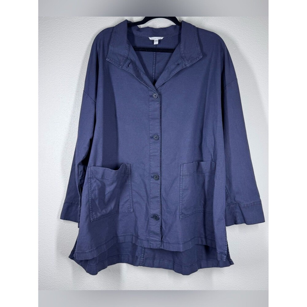 Eileen Fisher Blue Organic Cotton Hemp Stretch Stand Collar Jacket Boxy Size XL